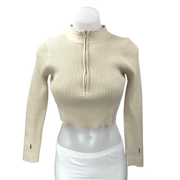 Princess Polly Beige Long Sleeve Ribbed Half Zip High Neck Crop Sweater Top S/M - Picture 1 of 4